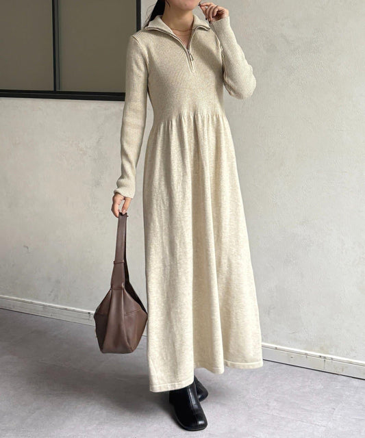 半拉鍊羅紋針織喇叭連衣裙