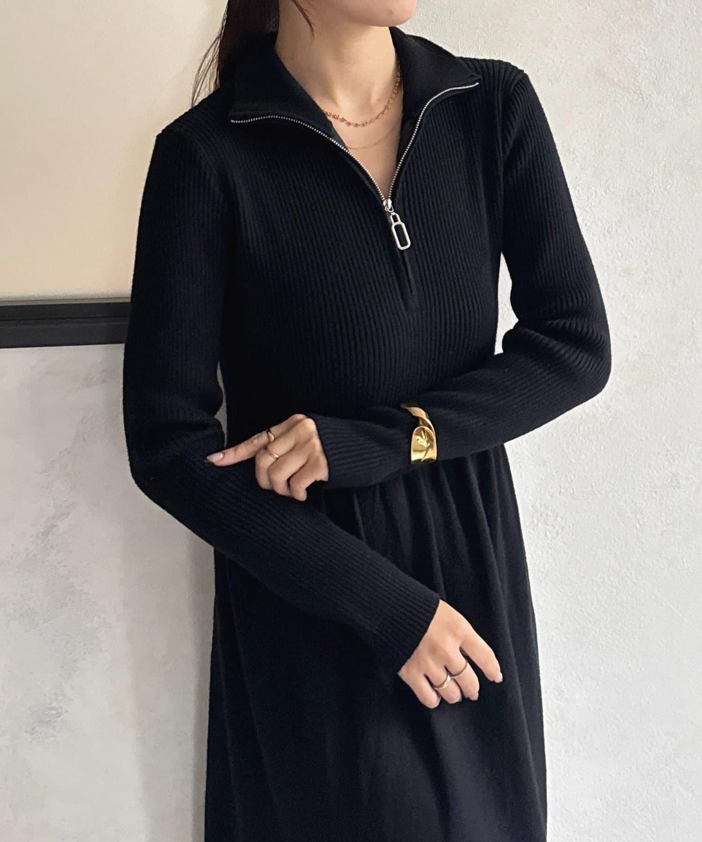 半拉鍊羅紋針織喇叭連衣裙