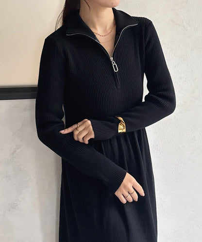 半拉鍊羅紋針織喇叭連衣裙