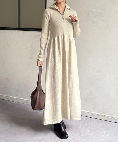 半拉鍊羅紋針織喇叭連衣裙