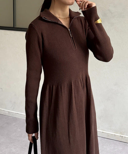 半拉鍊羅紋針織喇叭連衣裙