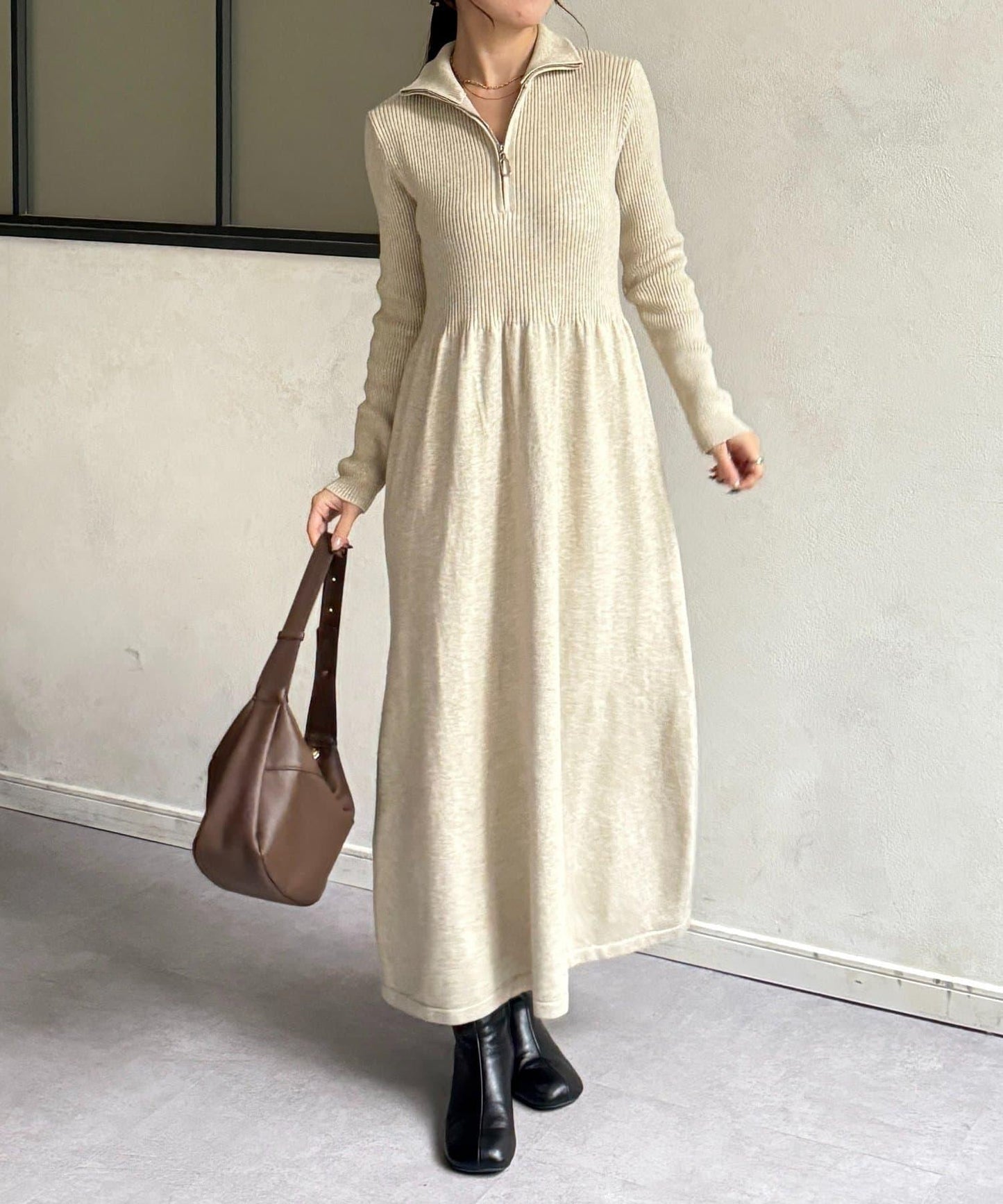 半拉鍊羅紋針織喇叭連衣裙