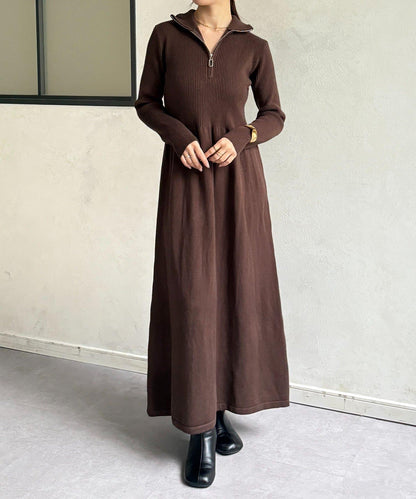 半拉鍊羅紋針織喇叭連衣裙