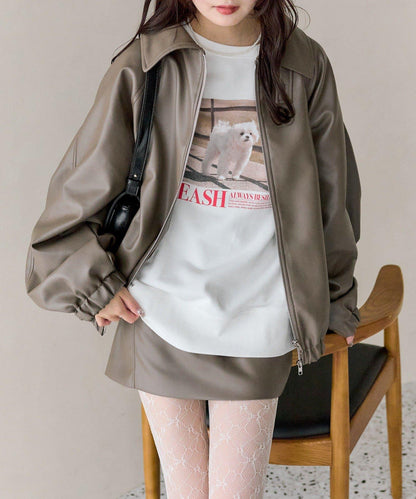 【推薦成套穿著◎】泡泡袖仿皮夾克