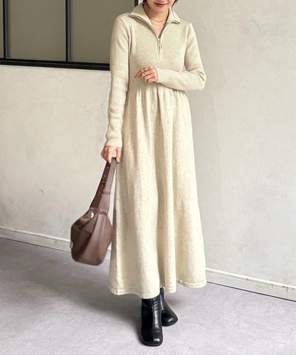 半拉鍊羅紋針織喇叭連衣裙