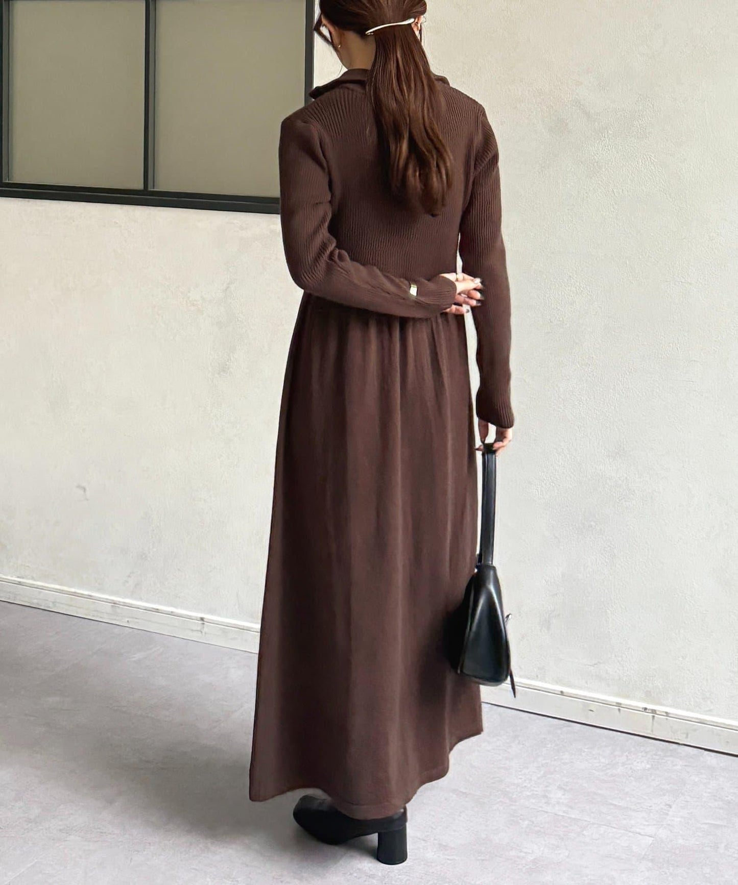 半拉鍊羅紋針織喇叭連衣裙