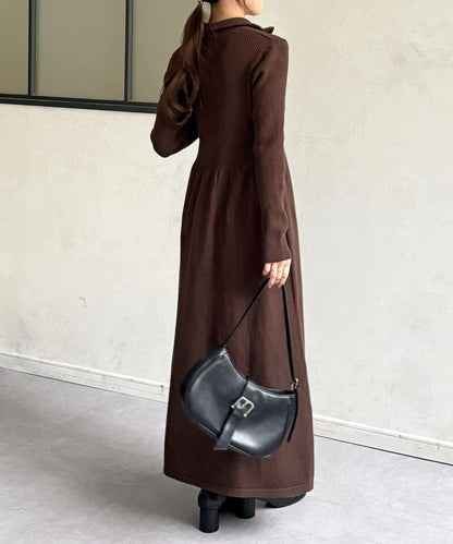 半拉鍊羅紋針織喇叭連衣裙