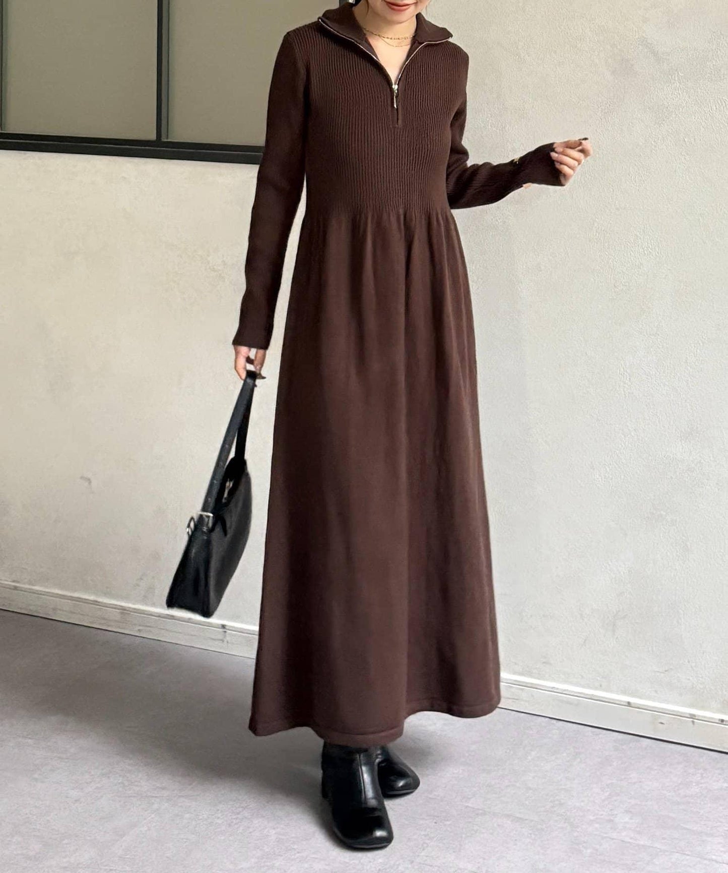 半拉鍊羅紋針織喇叭連衣裙