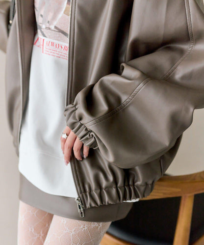 【推薦成套穿著◎】泡泡袖仿皮夾克
