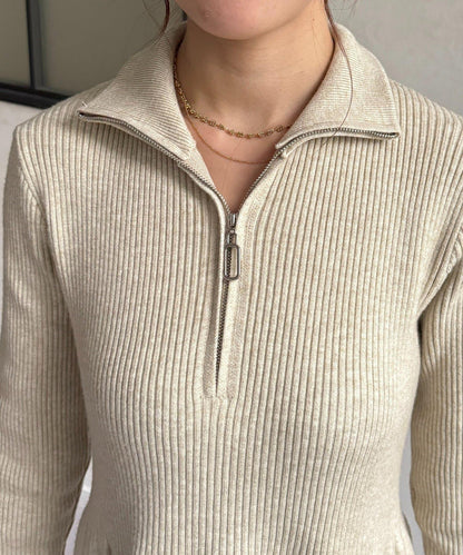 半拉鍊羅紋針織喇叭連衣裙