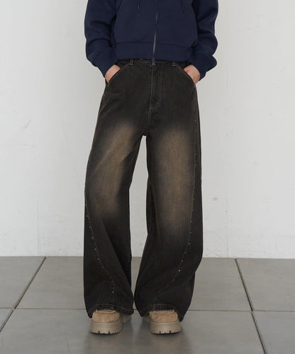 鉚釘裝飾寬鬆牛仔褲