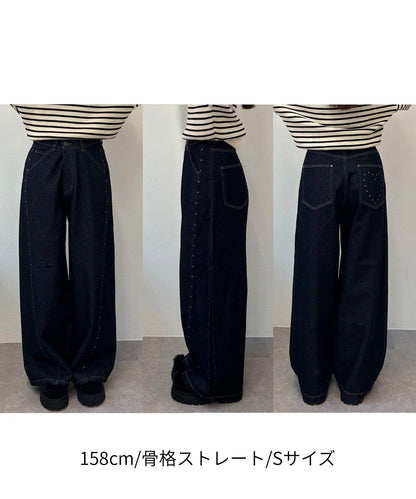 鉚釘裝飾寬鬆牛仔褲