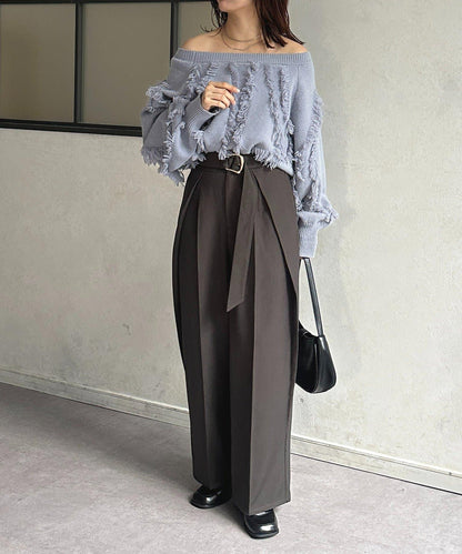 微妙色調腰帶褶皺西裝褲