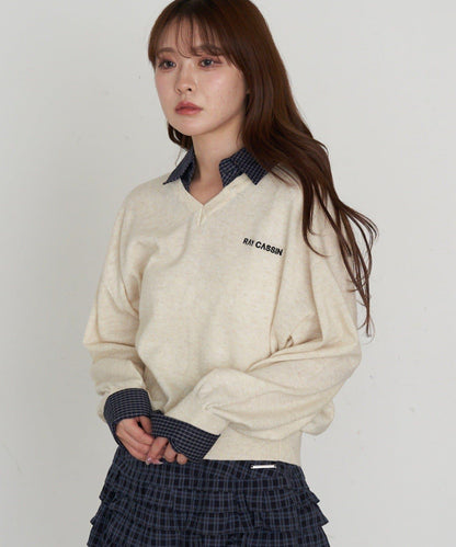 帶領V領刺繡針織衫