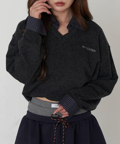 帶領V領刺繡針織衫