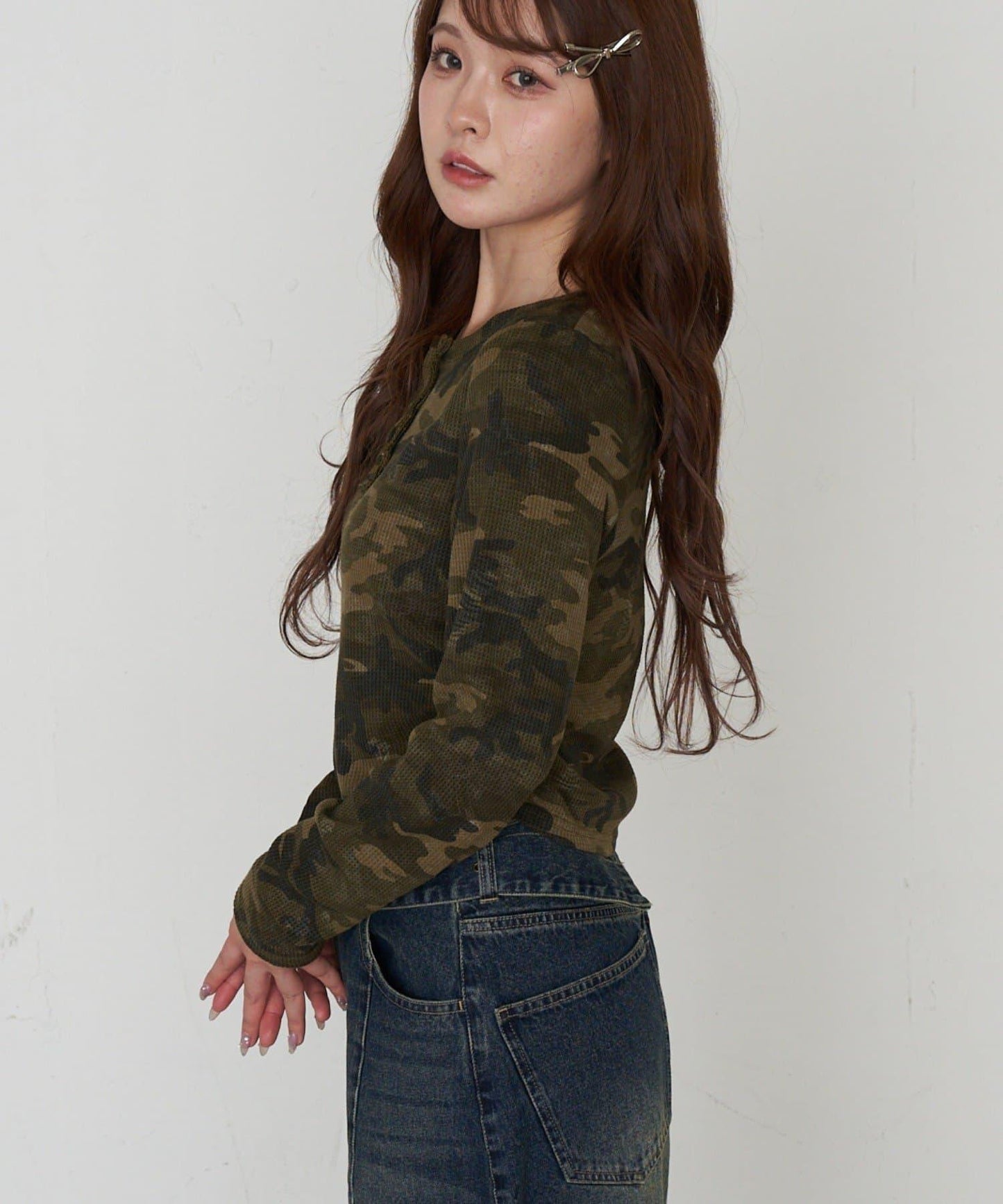 迷彩華夫格亨利領T恤