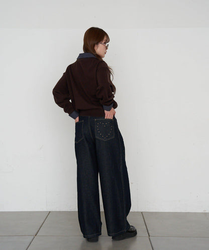 鉚釘裝飾寬鬆牛仔褲