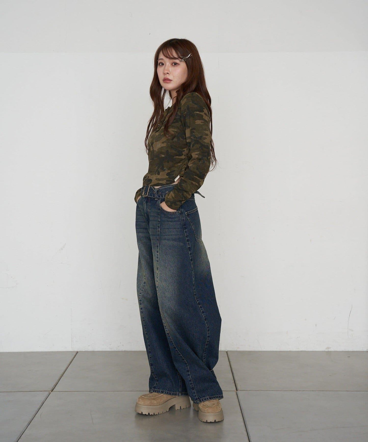 迷彩華夫格亨利領T恤