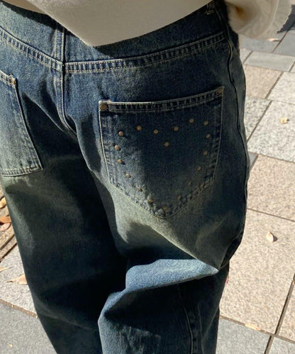 鉚釘裝飾寬鬆牛仔褲