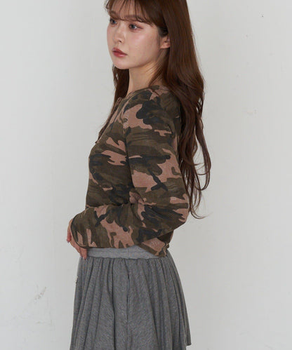 迷彩華夫格亨利領T恤