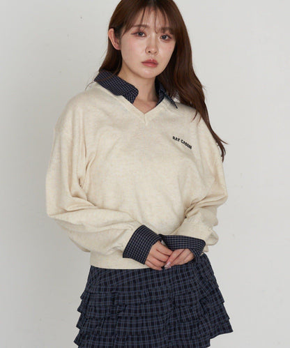 帶領V領刺繡針織衫