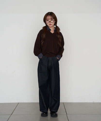 帶領V領刺繡針織衫