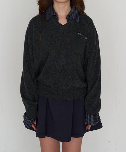 帶領V領刺繡針織衫