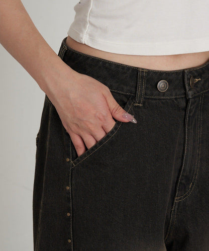 鉚釘裝飾寬鬆牛仔褲