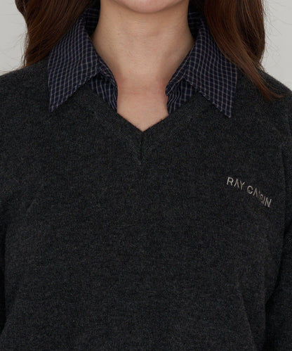 帶領V領刺繡針織衫