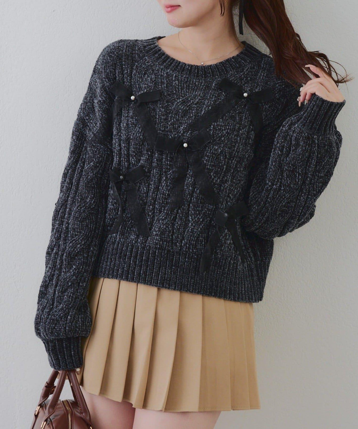 歐根紗蝴蝶結毛線針織衫