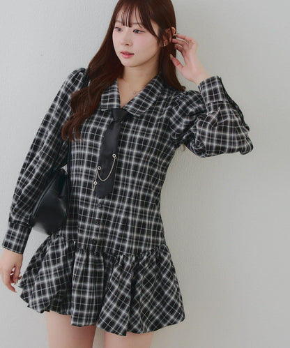 春季♡【RMAF】帶領帶下襬泡泡袖迷你連衣裙