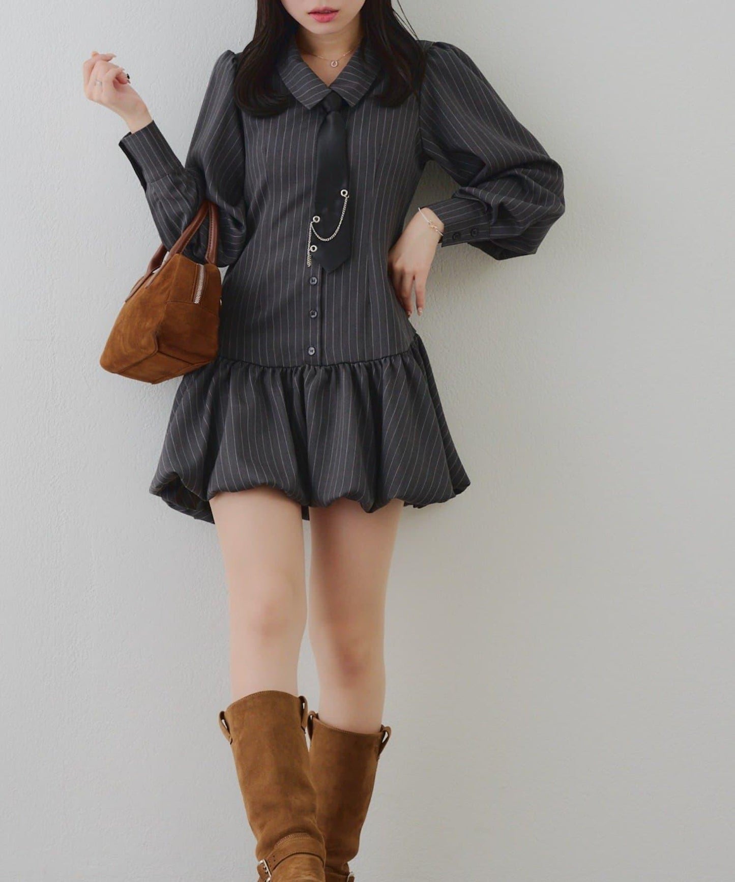 春季♡【RMAF】帶領帶下襬泡泡袖迷你連衣裙