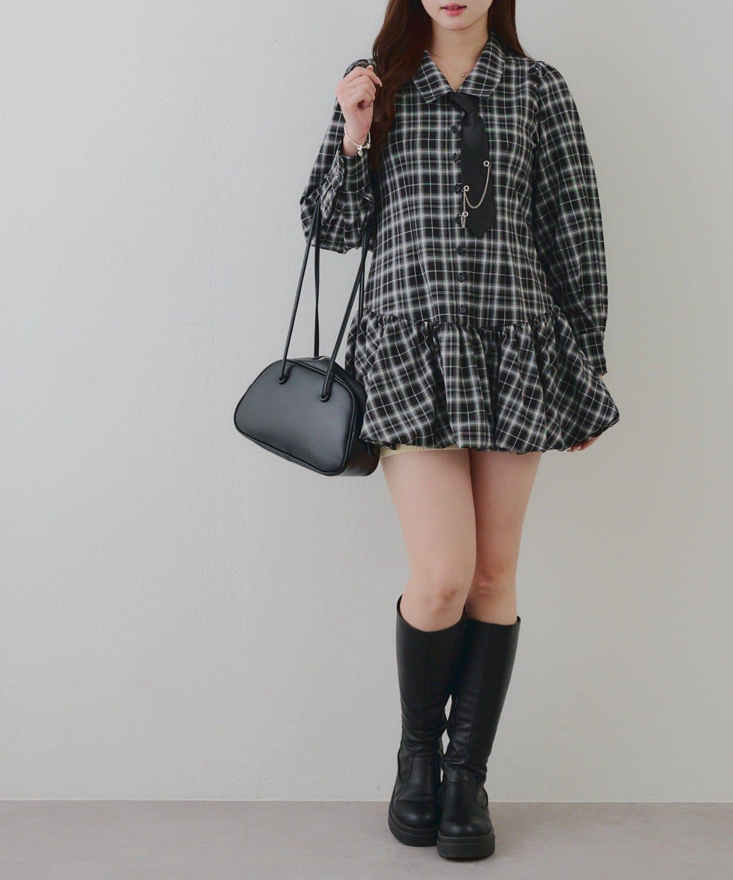 春季♡【RMAF】帶領帶下襬泡泡袖迷你連衣裙