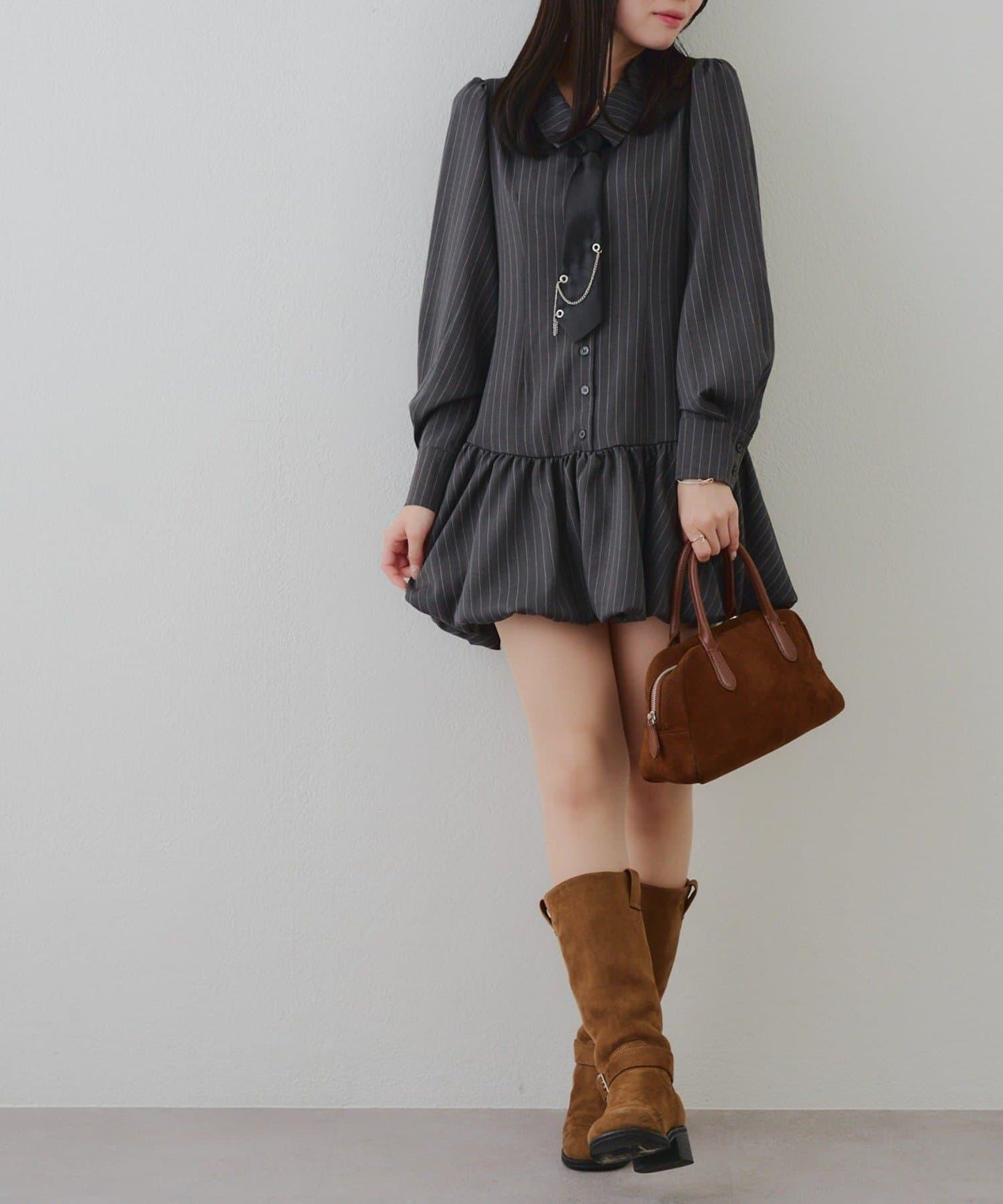 春季♡【RMAF】帶領帶下襬泡泡袖迷你連衣裙