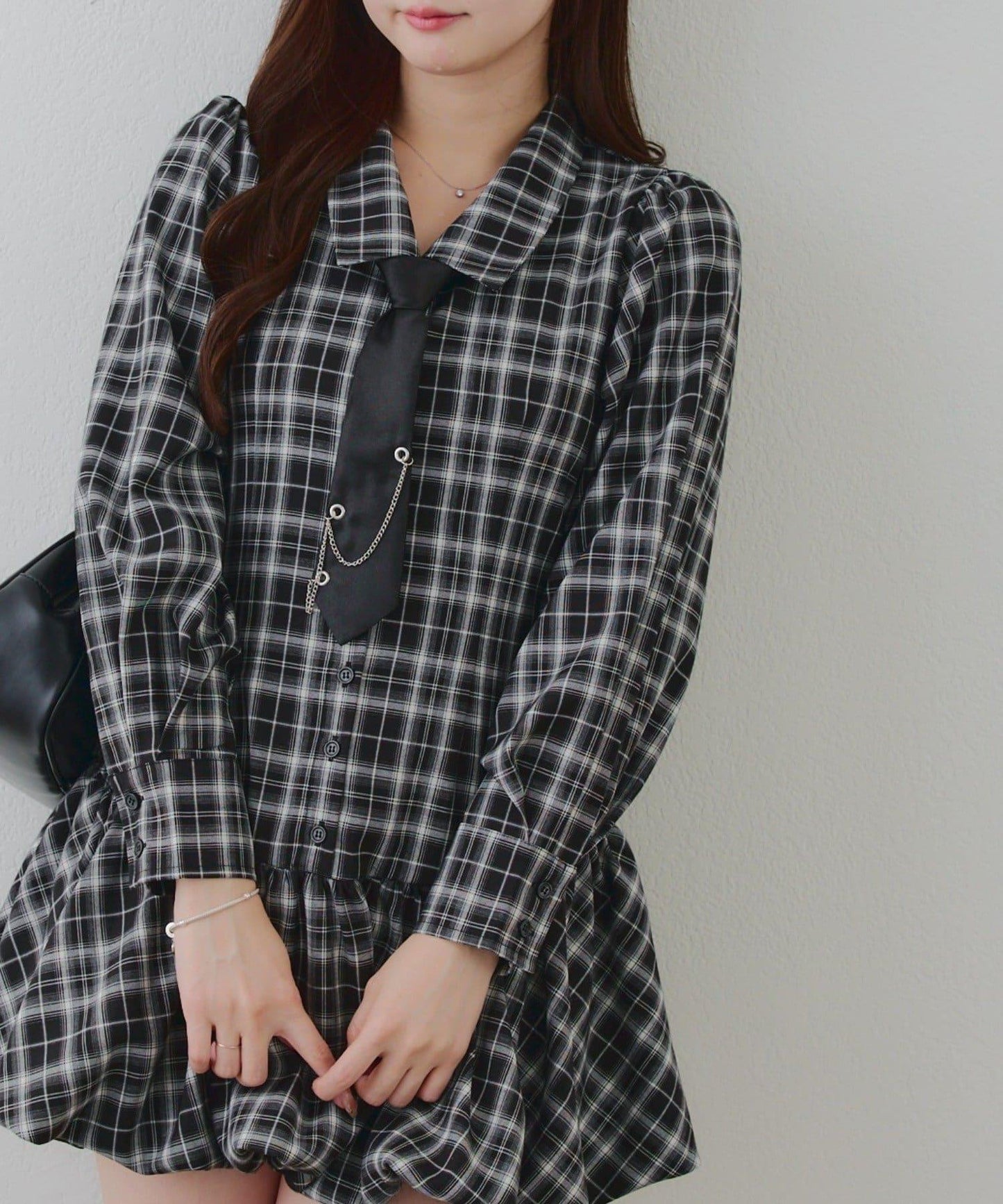 春季♡【RMAF】帶領帶下襬泡泡袖迷你連衣裙