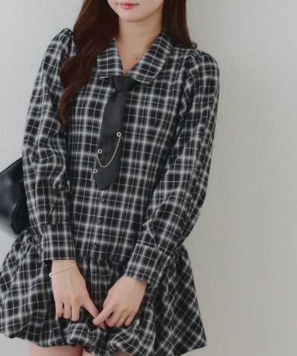 春季♡【RMAF】帶領帶下襬泡泡袖迷你連衣裙