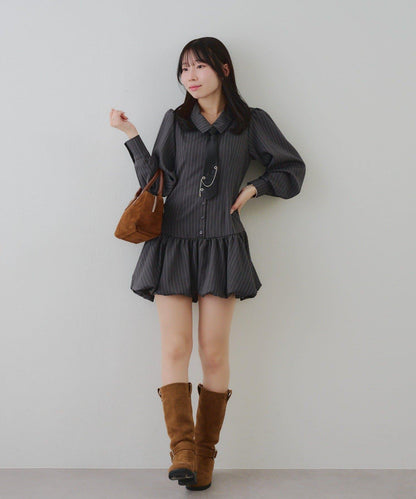 春季♡【RMAF】帶領帶下襬泡泡袖迷你連衣裙