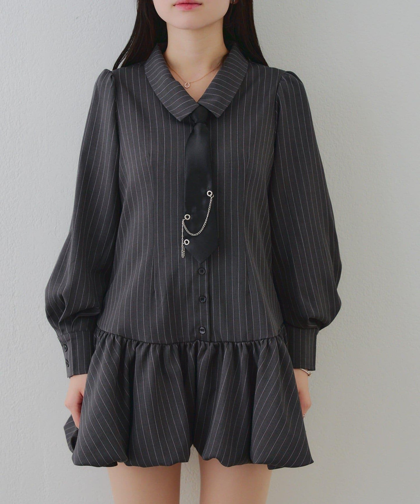 春季♡【RMAF】帶領帶下襬泡泡袖迷你連衣裙