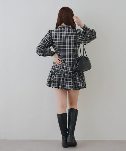 春季♡【RMAF】帶領帶下襬泡泡袖迷你連衣裙