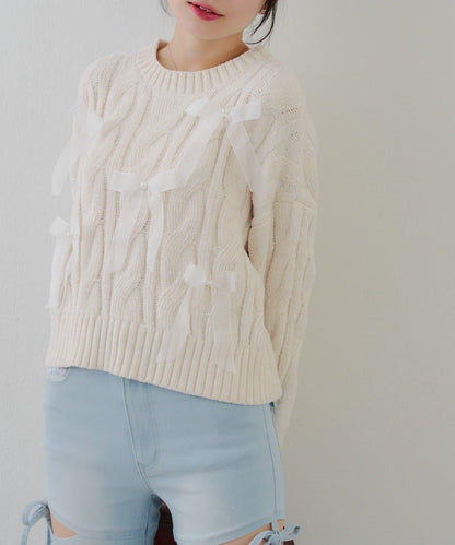 歐根紗蝴蝶結毛線針織衫
