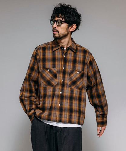 特別款法蘭絨九分袖工裝格子襯衫