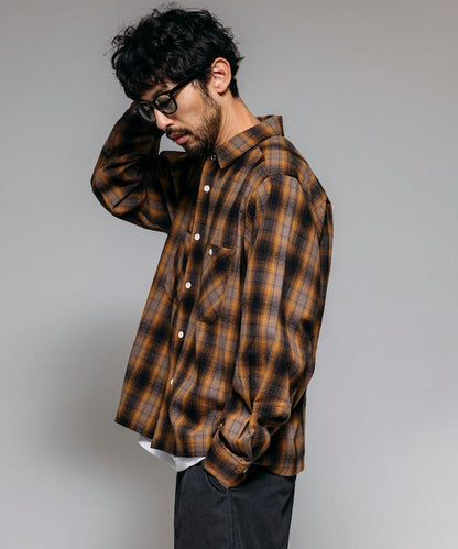 特別款法蘭絨九分袖工裝格子襯衫