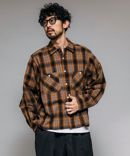 特別款法蘭絨九分袖工裝格子襯衫