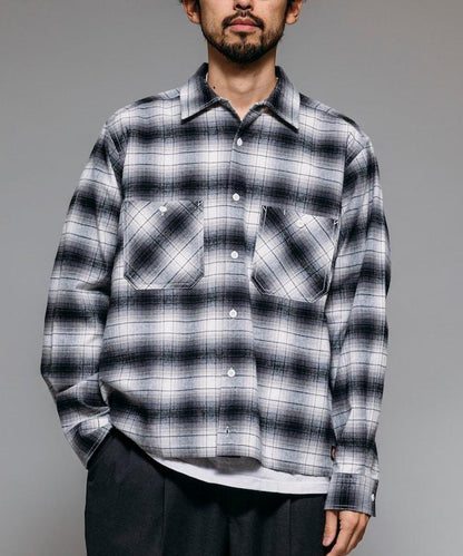 特別款法蘭絨九分袖工裝格子襯衫