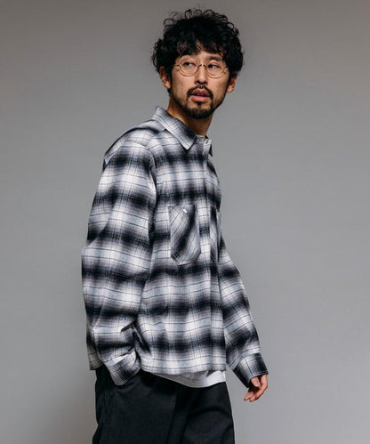 特別款法蘭絨九分袖工裝格子襯衫