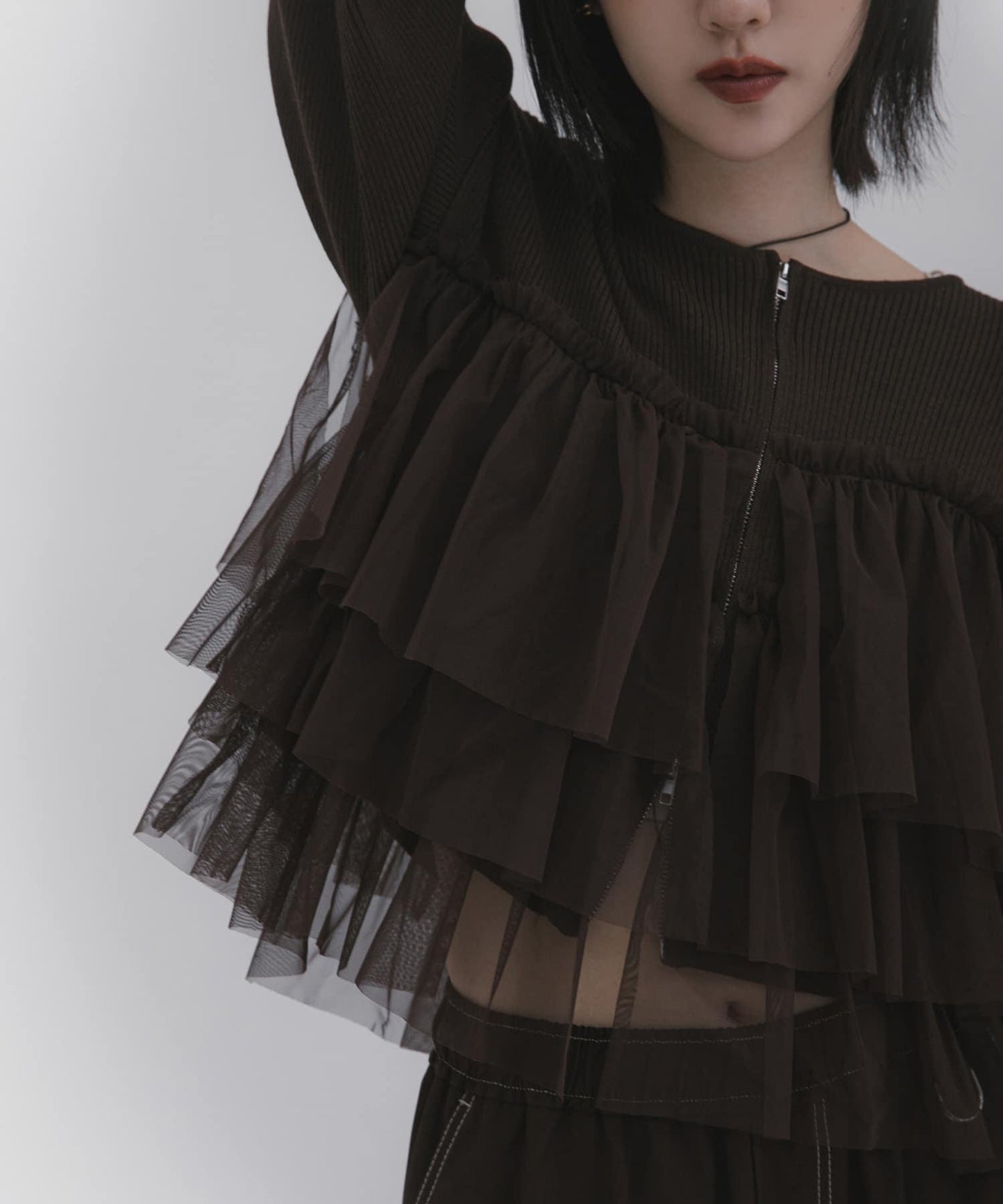 雙拉鍊荷葉邊針織開衫