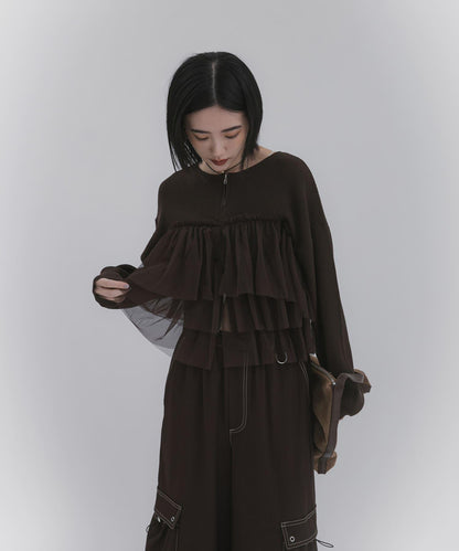 雙拉鍊荷葉邊針織開衫