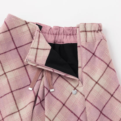 蕾絲繫帶蝴蝶結格紋喇叭裙褲