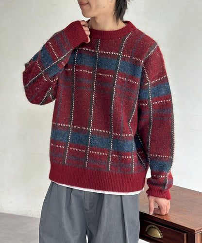 仿馬海毛格紋針織套頭衫