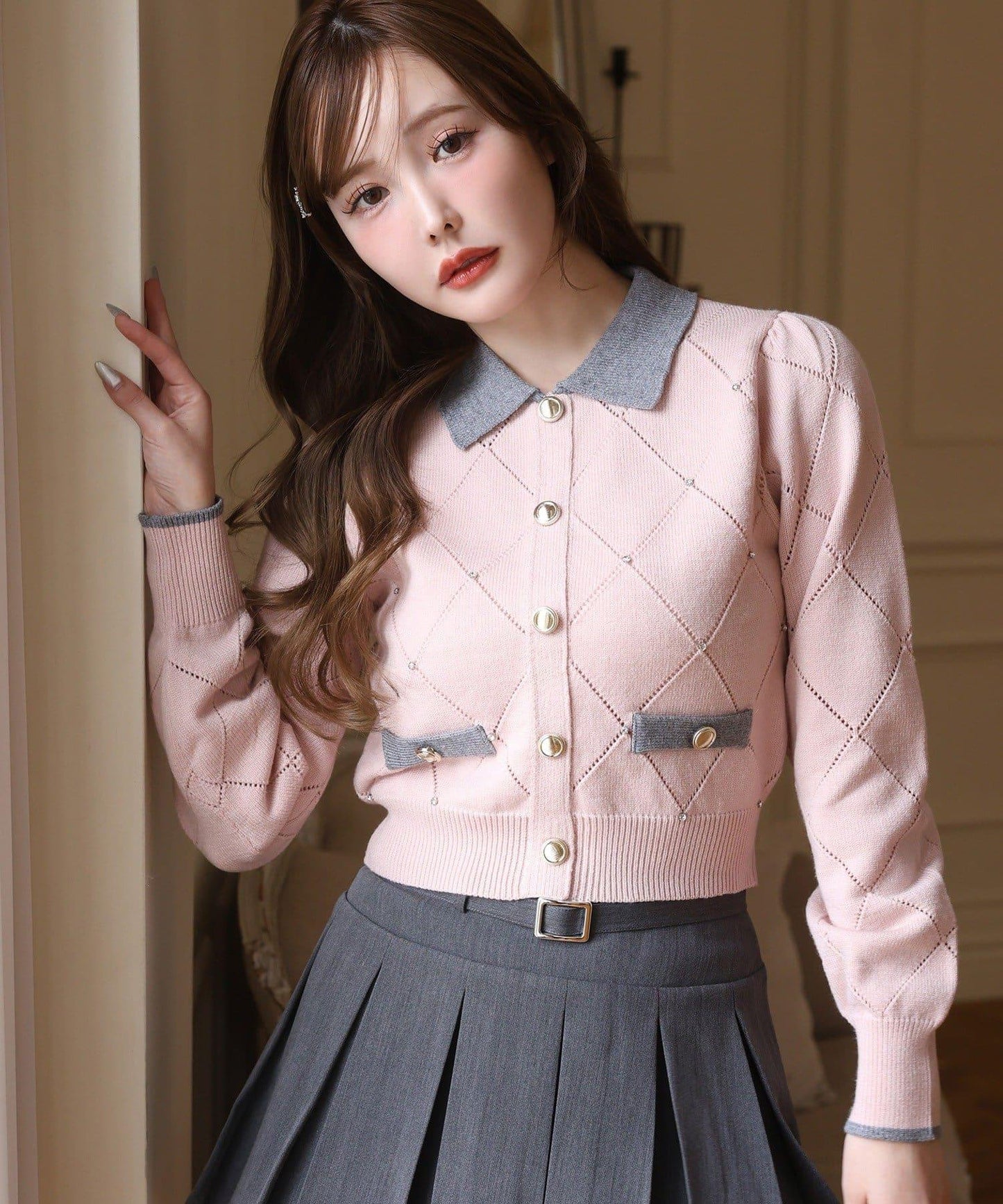 拼色寶石裝飾針織POLO衫